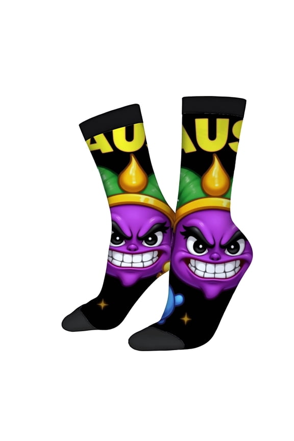 Vibrant Cartoon Character Socks - 2 Pairs of Unisex Trendy Socks with Mischievous Purple Design & Bold ' AUGUST ' Text
