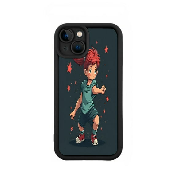 Vibrant Cartoon Character iPhone 15 Case - Lightweight Yellowing Resistant Dynamic Pose Design with Red Stars Background