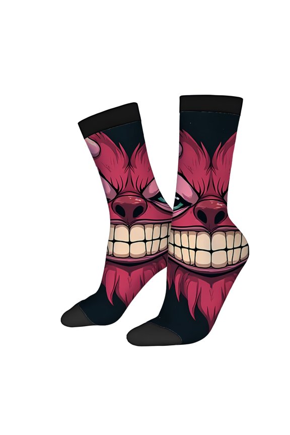 Vibrant Cartoon Creature Socks (2 Pairs) - Unisex Trendy Design with Playful Red Monster Blue Eyes & Pink Horns - Four Seasons Universal Mixed Color Socks