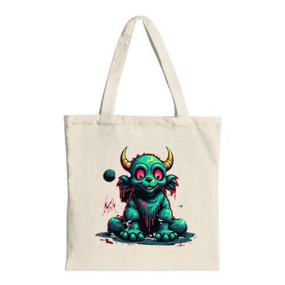 Vibrant Cartoon Creature Tote Bag - Green Skin Yellow Horns Red Eyes Dripping Red - Perfect for Parties Travel & Shopping