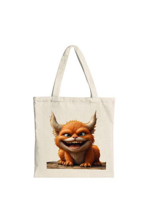 Vibrant Cartoon Creature Tote Bag - Orange Friend with Big Ears & Grin on White Canvas Perfect for Shopping & Travel