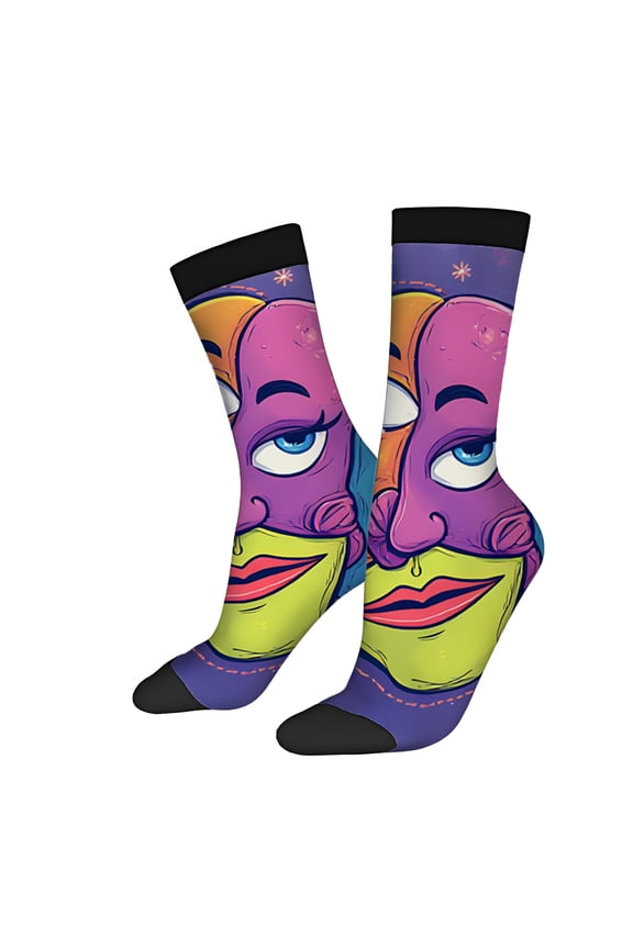 Vibrant Cartoon Face Socks (2 Pairs) - Unisex Trendy Design with Blue Eyes Orange & Purple Colors Dotted Pattern Perfect for All Seasons - Mixed Color Fun Socks