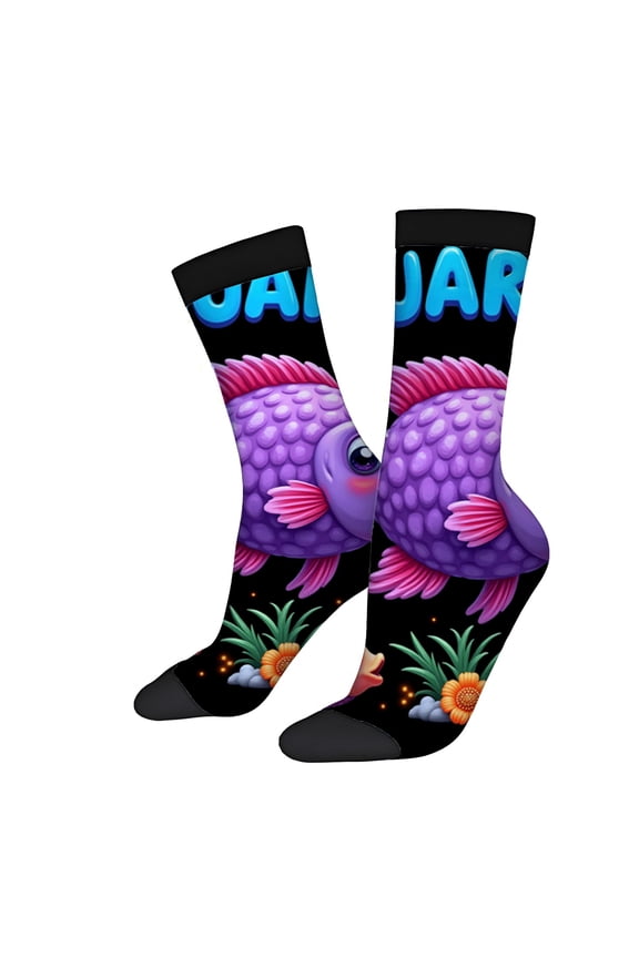 Vibrant Cartoon Fish Socks - 2 Pairs of Unisex Trendy Socks with Purple Scales Pink Fins & Colorful Underwater Design - Four Seasons