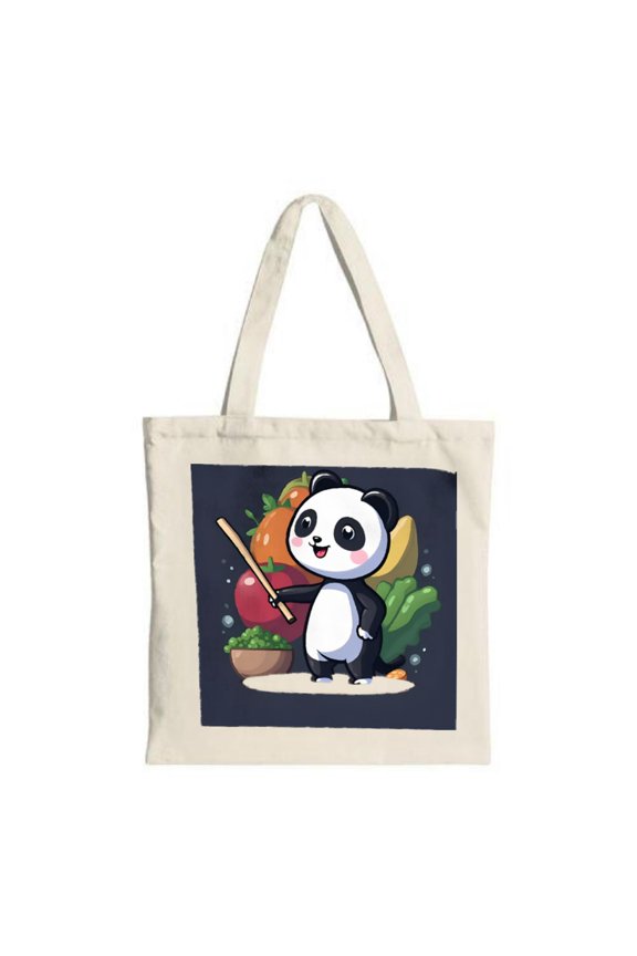 Vibrant Cartoon Panda Tote Bag - Multifunctional Canvas Bag with Colorful Fruits & Veggies Design Perfect for Shopping & Travel