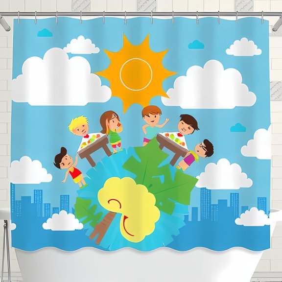 Vibrant Cartoon Picnic Shower Curtain - Fun Characters Enjoying a Sunny Day with Smiling Tree & Cityscape Design - Cheerful Bathroom Decor