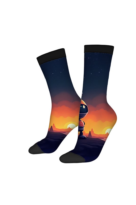 Vibrant Cartoon Robot Socks (2 Pairs) - Unisex Trendy Design with Sunset Landscape & Starry Sky - Four Seasons Universal Mixed Color Socks