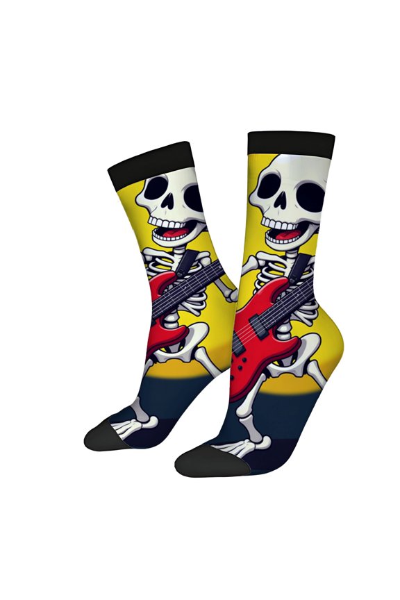Vibrant Cartoon Skeleton Guitar Socks - 2 Pairs of Unisex Trendy Mixed Color Socks with Playful Design for All Seasons