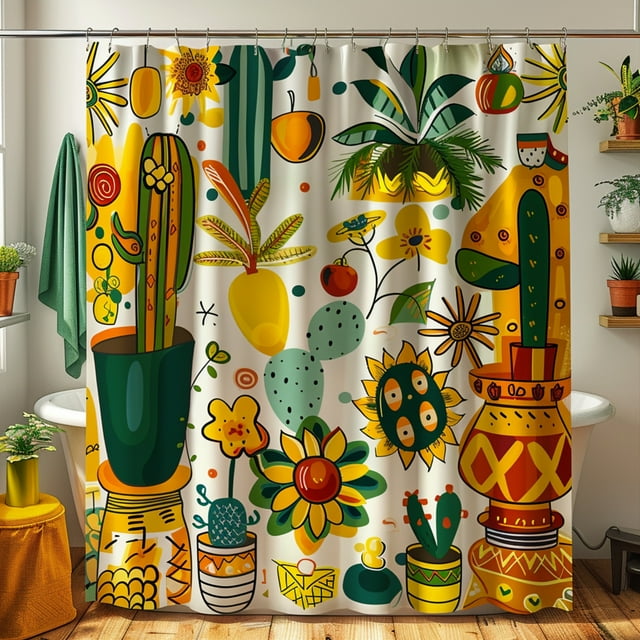 Vibrant Cartoon Style Shower Curtain With Playful Plants And Flowers