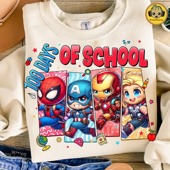 Vibrant Cartoon Superhero Design Sweatshirt for Fun 100 Days of School Celebration