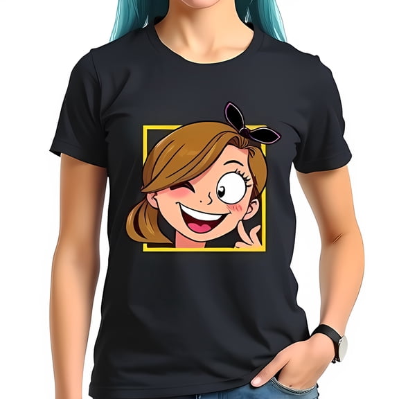 Vibrant Cartoon T-Shirt with Cheerful Young Woman Ponytail & Bow - Fun & Stylish Dark Tee