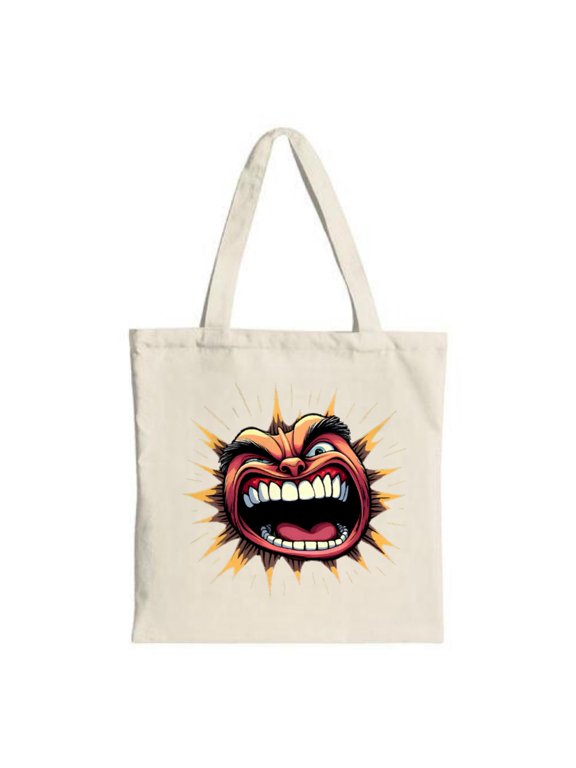 Vibrant Cartoon Tote Bag with Screaming Face Design - Red Features Yellow & Orange Perfect for Shopping Travel & Parties