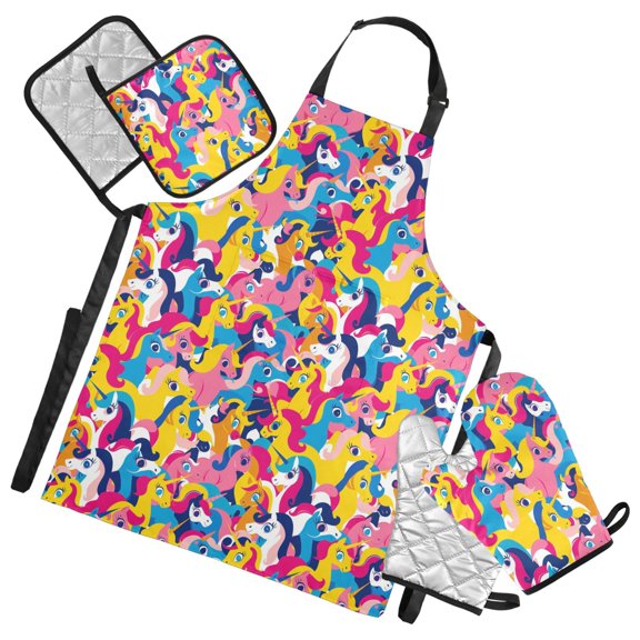 Vibrant Cartoon Unicorns 5 Pcs Kitchen Set Heat Resistant Oven Mitts and Non-Slip Pot Holders with Adjustable Cooking Apron