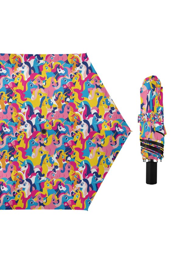 Vibrant Cartoon Unicorns Compact Sun Umbrella Windproof Travel Umbrellas for Rain Strong Portable UV Protection