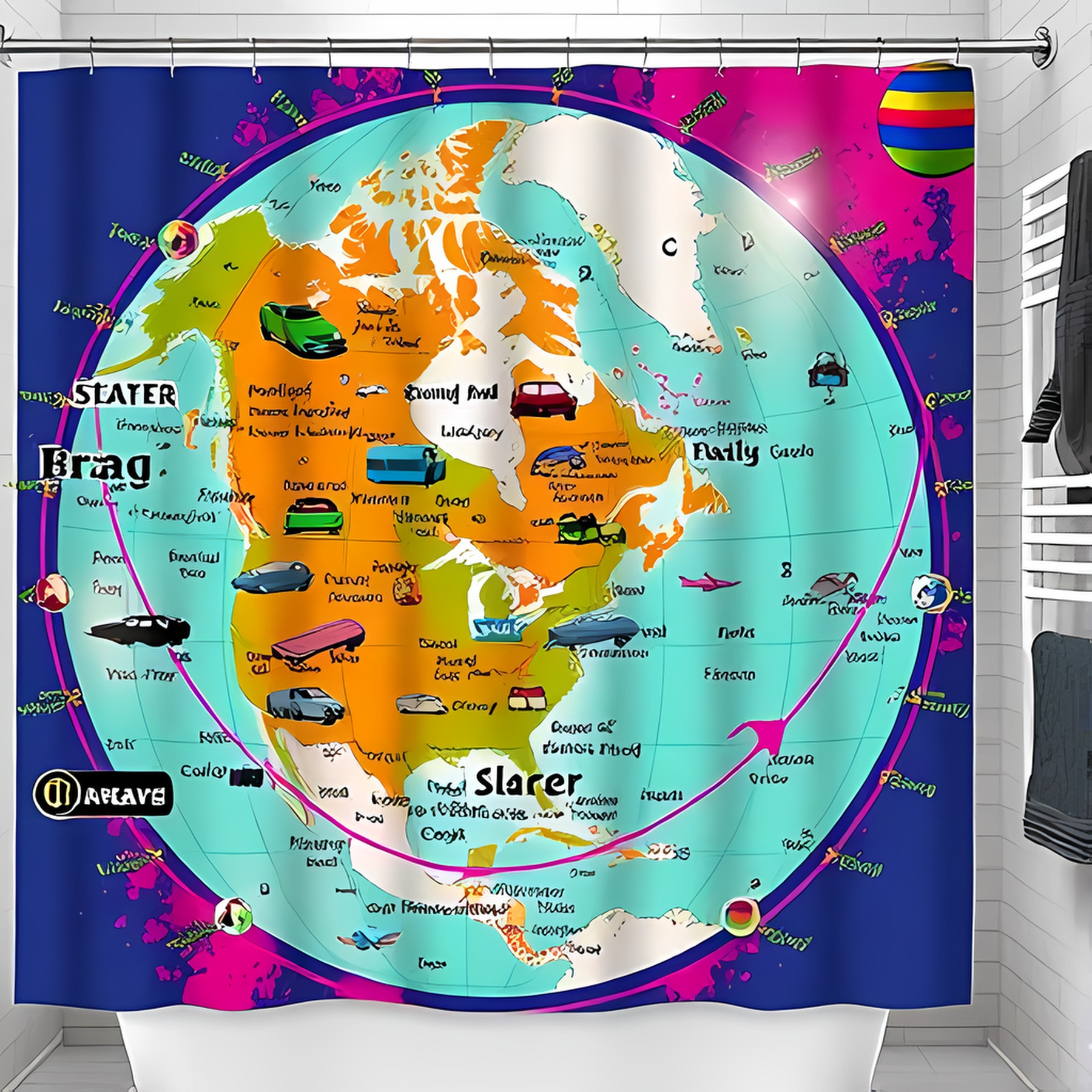 Vibrant Cartoon World Map Shower Curtain - Colorful North Design with ...