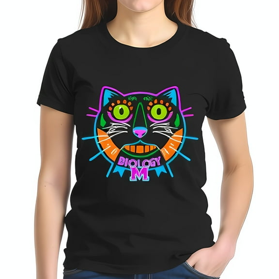 Vibrant Cat Face Graphic Cotton Short Sleeve T-Shirt - Inspired Design with 'Biology M' Text