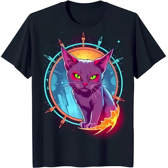 Vibrant Cat Graphic T-Shirt Eye Catching Swirls & Stars Design