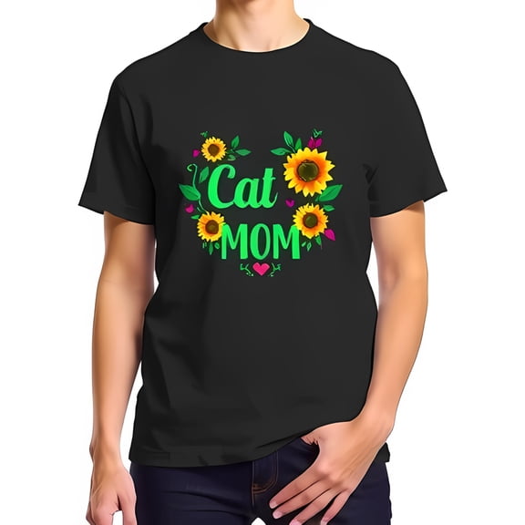 Vibrant Cat MOM Cotton Short Sleeve T-Shirt with Sunflower and Floral Design - Perfect for Cat Lovers