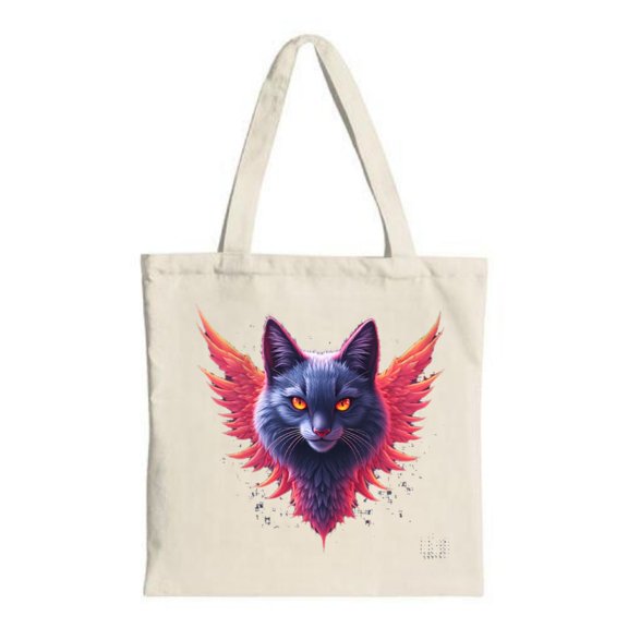Vibrant Cat Tote Bag - Dark Purple Fiery Red & Orange Wings Perfect for Shopping Travel & Parties - Stylish Canvas Design