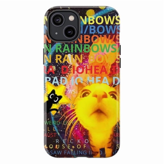 Vibrant Cat and Cosmic Rainbow Typography Phone Case, Artistic Protective Cover Compatible with iPhone 16 15 14 13 12 11 Pro Max Mini