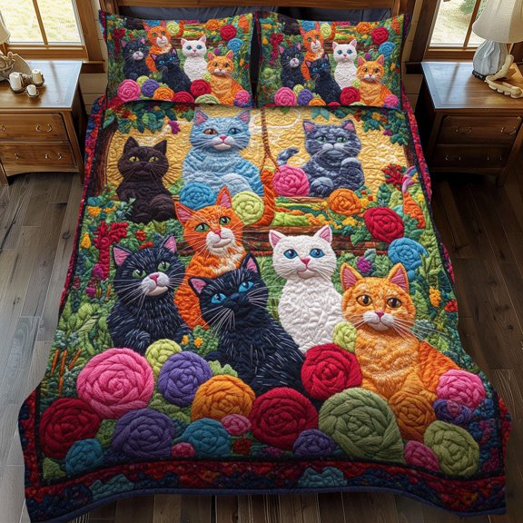 Vibrant Cats And Yarn 3-Piece Quilted Bedding Set