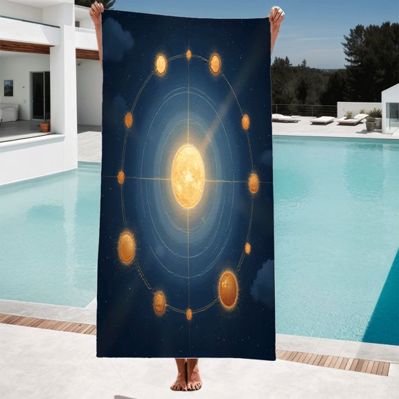 Vibrant Celestial Pattern Beach Towel - Soft Bath & Pool Towel for Women Travel - Friendly Design with Glowing Sun & Planets
