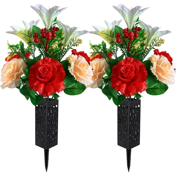 Vibrant Cemetery Flowers - Beautiful Grave Decorations with Artificial Roses and Silk Flowers (red, 2 Bouquets)