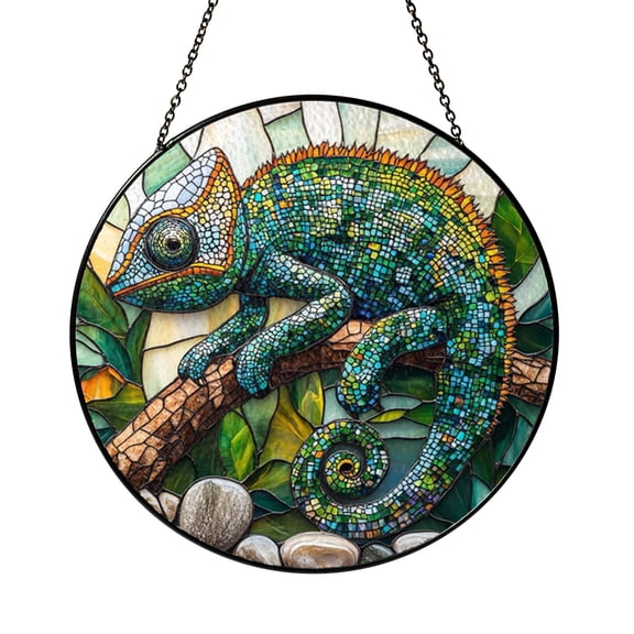 Vibrant Chameleon Faux Stained Glass Round Window Decor2001