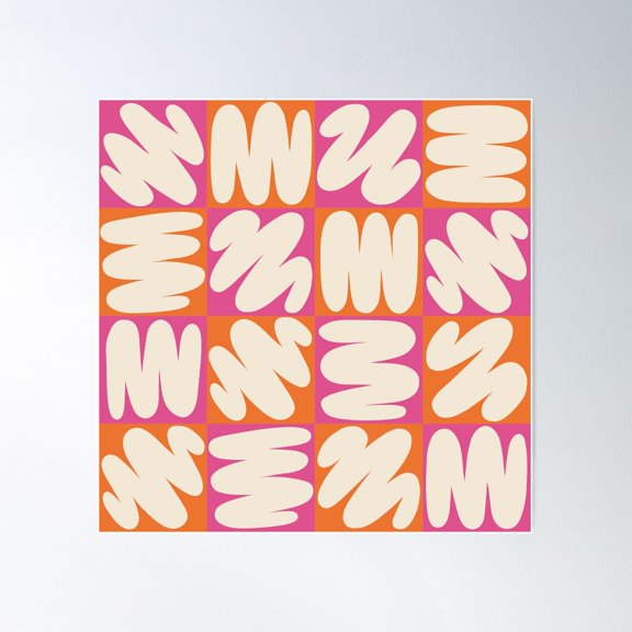 Vibrant Checkered Pattern With Abstract Shapes In Pink, Orange And Off Wite Poster Wall Art, Modern Wall Decor For Living Room Bedroom, 24x24 UNFRAMED