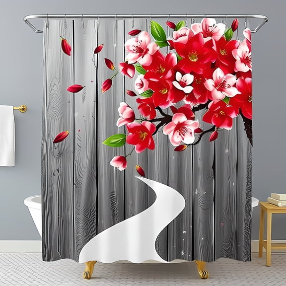 Vibrant Cherry Blossom Shower Curtain - Elegant Floral Design on Weathered Wood Background