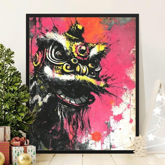 Vibrant Chinese Lion Dance Art Print Energetic Splatter Mask Asian Culture Decor Poster