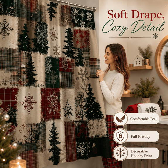 Vibrant Christmas Themed Decorative Shower Curtain, 70.8x59in Bathroom Partition Curtain with Water-Resistant Material, Multiple Stylish Options for Holiday Bathroom Decor, F, 1pcs