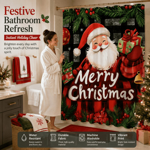 Vibrant Christmas Themed Decorative Shower Curtain, 70.8x59in Bathroom Partition Curtain with Water-Resistant Material, Multiple Stylish Options for Holiday Bathroom Decor, D, 1pcs