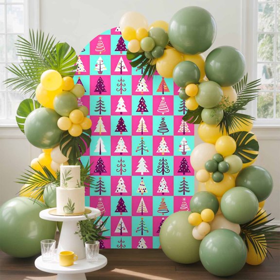 Vibrant Christmas Trees Arch Backdrop Cover, 4FT, Boho Pink Blue Checkerboard Grid Spandex Arch Covers Double-Sided Backdrop for Wedding Birthday Party Photo Background Decoration
