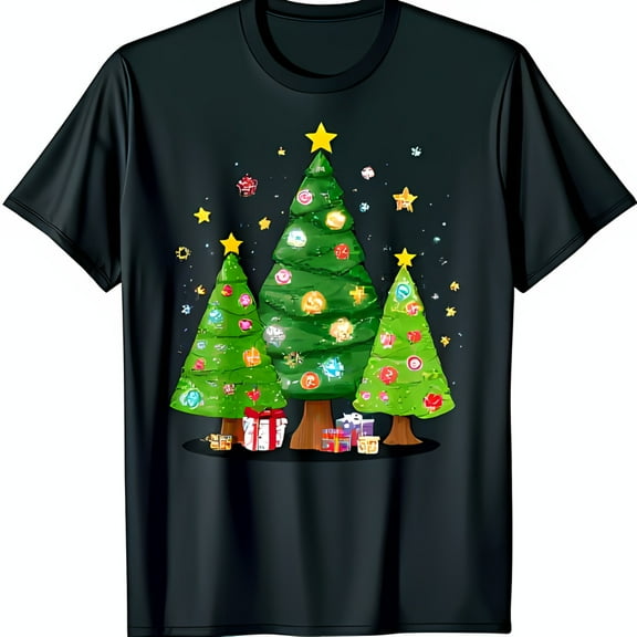 Vibrant Christmas Trees Graphic T-Shirt Festive Holiday Design on Black