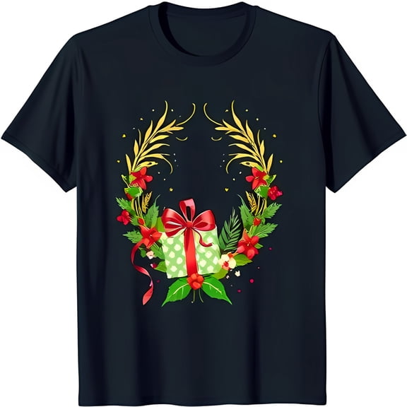 Vibrant Christmas Wreath Graphic on Black T-Shirt Festive Box Design