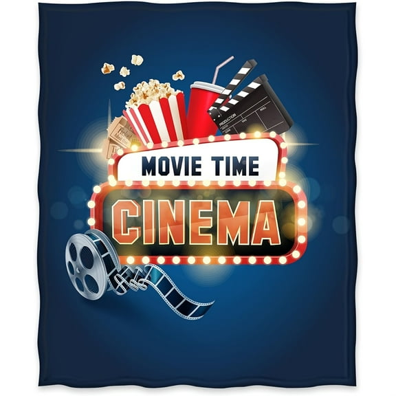 Vibrant Cinema-Themed Flannel Throw Blanket Popcorn Movie Ticket and Film Reel Design Perfect for Movie Lovers All-Season Comfort Cozy Bedding Vibrant Pattern Blanket