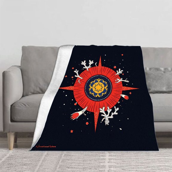 Vibrant Circular Flannel Blanket - Soft & Cozy with Sun Blue Pattern Red Celestial Design for Sofa Travel Bed Chair