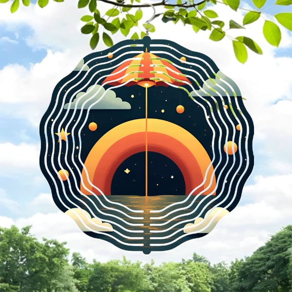 Vibrant Circular Metal Wind Spinner with Rainbow Arch Stars & Clouds - Whimsical Garden Decor for Yard & Outdoor Spaces