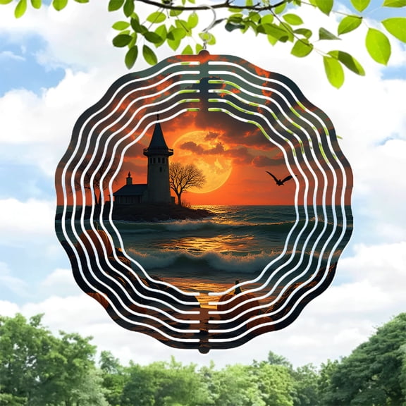Vibrant Circular Metal Wind Spinners & Chimes for Yard - Serene Seascape Design with Lighthouse & Sunset Patterns