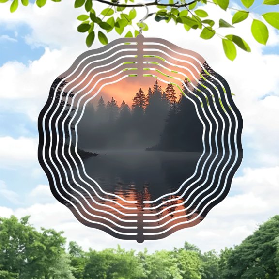Vibrant Circular Pattern Metal Wind Spinners & Chimes for Yard & Garden - Serene Forest Reflection Design Modern Abstract Aesthetic