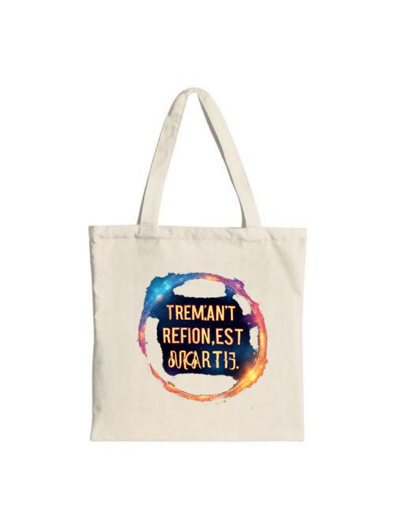 Vibrant Circular Pattern Tote Bag with Blue Orange and Yellow Design Features ' TREMANT ' REION EST AKART ' Text Perfect for Shopping & Travel