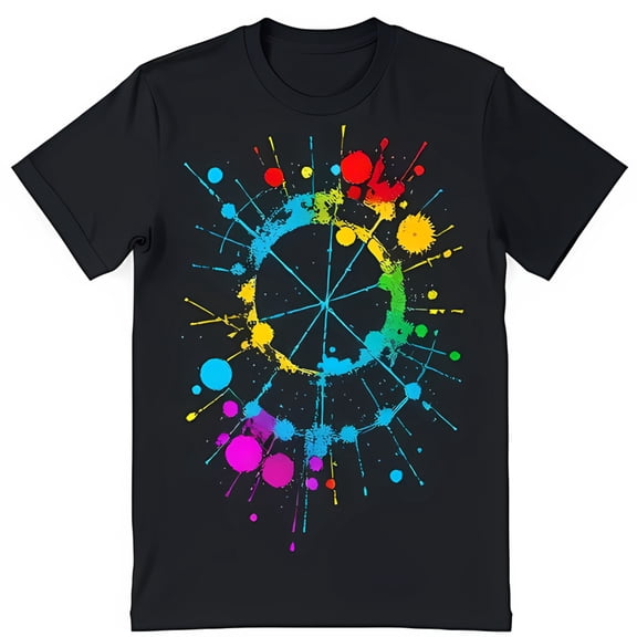 Vibrant Circular Splatter Graphic Black T-Shirt Eye Catching Rainbow Design