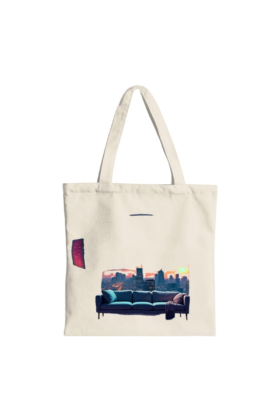 Vibrant City Skyline Tote Bag - Cozy Indoor Sofa Design with Blue Cushions & Pink Blanket - Multifunctional Reusable Canvas Bag for Shopping Travel & Parties