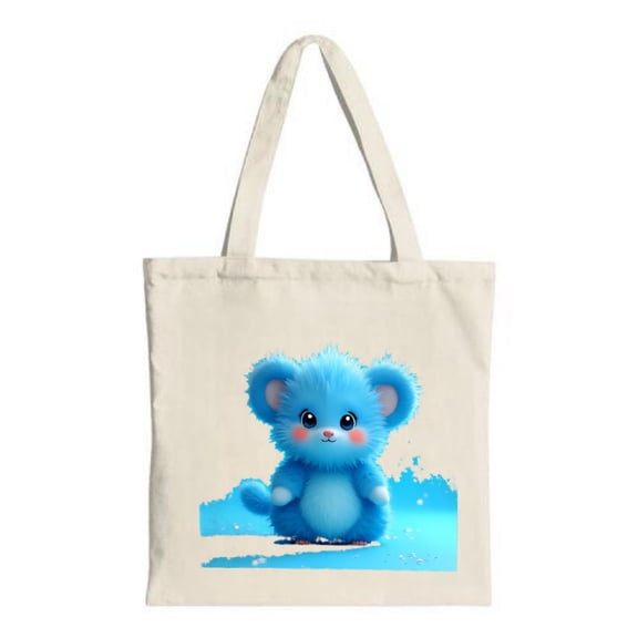 Cute Cream Tote Bag with Fluffy Blue Mouse Design Perfect for Shopping Travel & Parties - Stylish Canvas Reusable Bag
