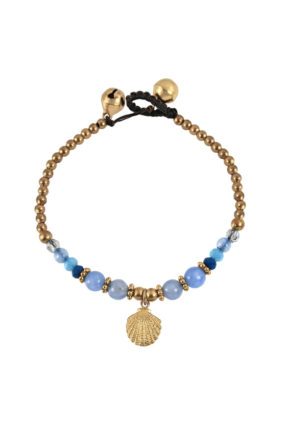 Vibrant Clam Shell Charm Mix Blue Stone and Brass Jingle Bell Bracelet