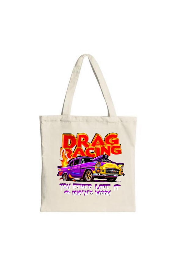 Vibrant Classic Car Tote Bag - Purple & Yellow Drag Racing Design Perfect for Shopping Travel & Parties Multifunctional Canvas Bag