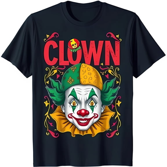 Vibrant Clown Graphic T-Shirt for Men & Women Bold Red Nose & Floral Design on Classic Black Tee