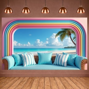 Vibrant Color Beach Party Banner Tropical Vacation Background HD Print Waterproof Beach Photo Background for Summer Party Beach Vacation Photo Shoot