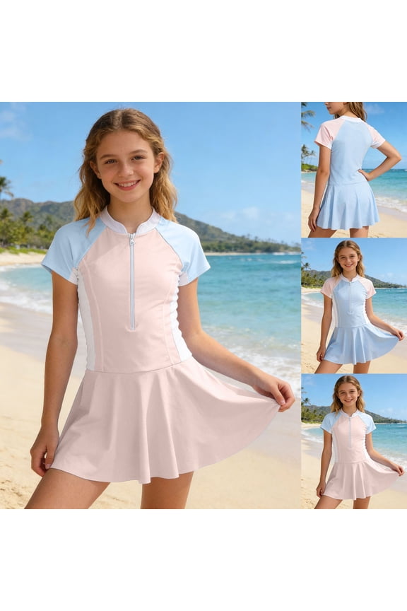 Vibrant Color Block Long Sleeve Rash Guard One Piece Swimsuit Sun Protection Athletic Training Bathing Suit Girls