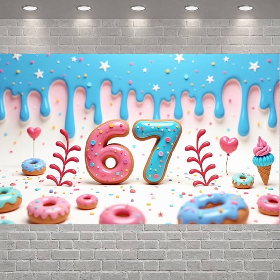 Vibrant Color Donut Themed Banner Pink & Blue Tone Backdrop 3D Number Design Multi-color Donuts Display for 67th Birthday Party Adult Celebration Indoor Event